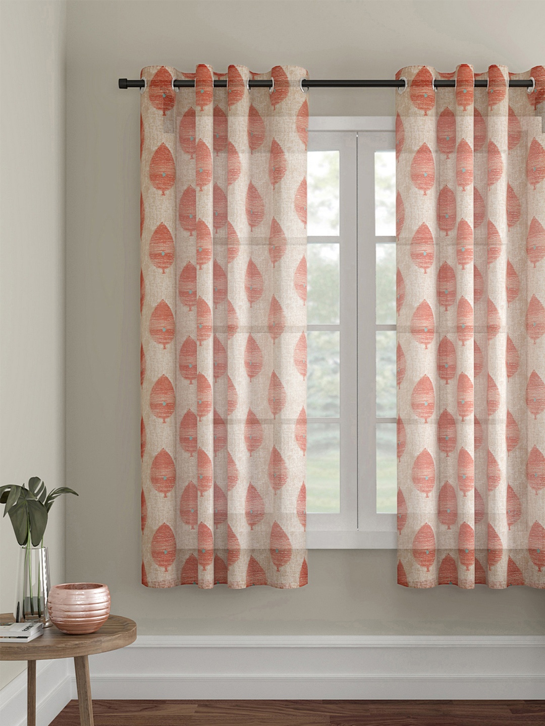 Soumya Red & Beige Printed Lightweight Single Sheer Window Curtain