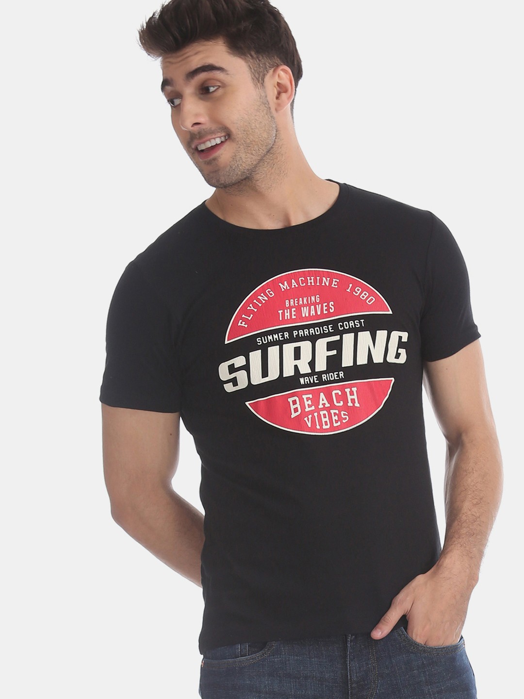 

Flying Machine Men Black Red Printed Round Neck Pure Cotton T-shirt