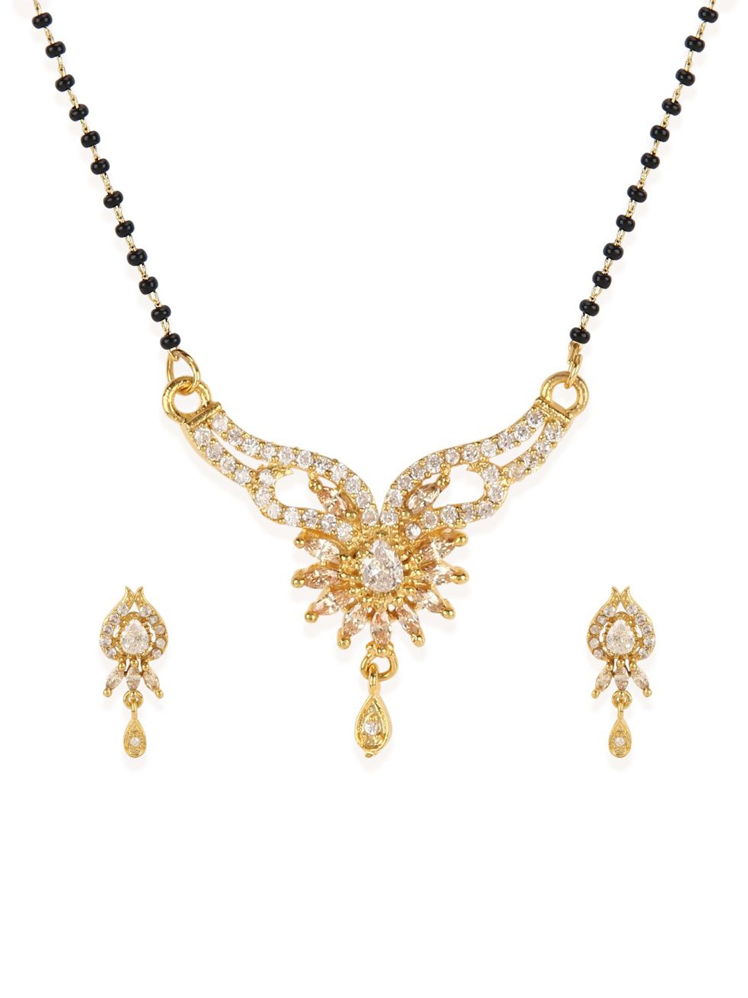 

Bhana Fashion Gold-Plated & Black Beaded AD-Studded Mangalsutra With Earrings
