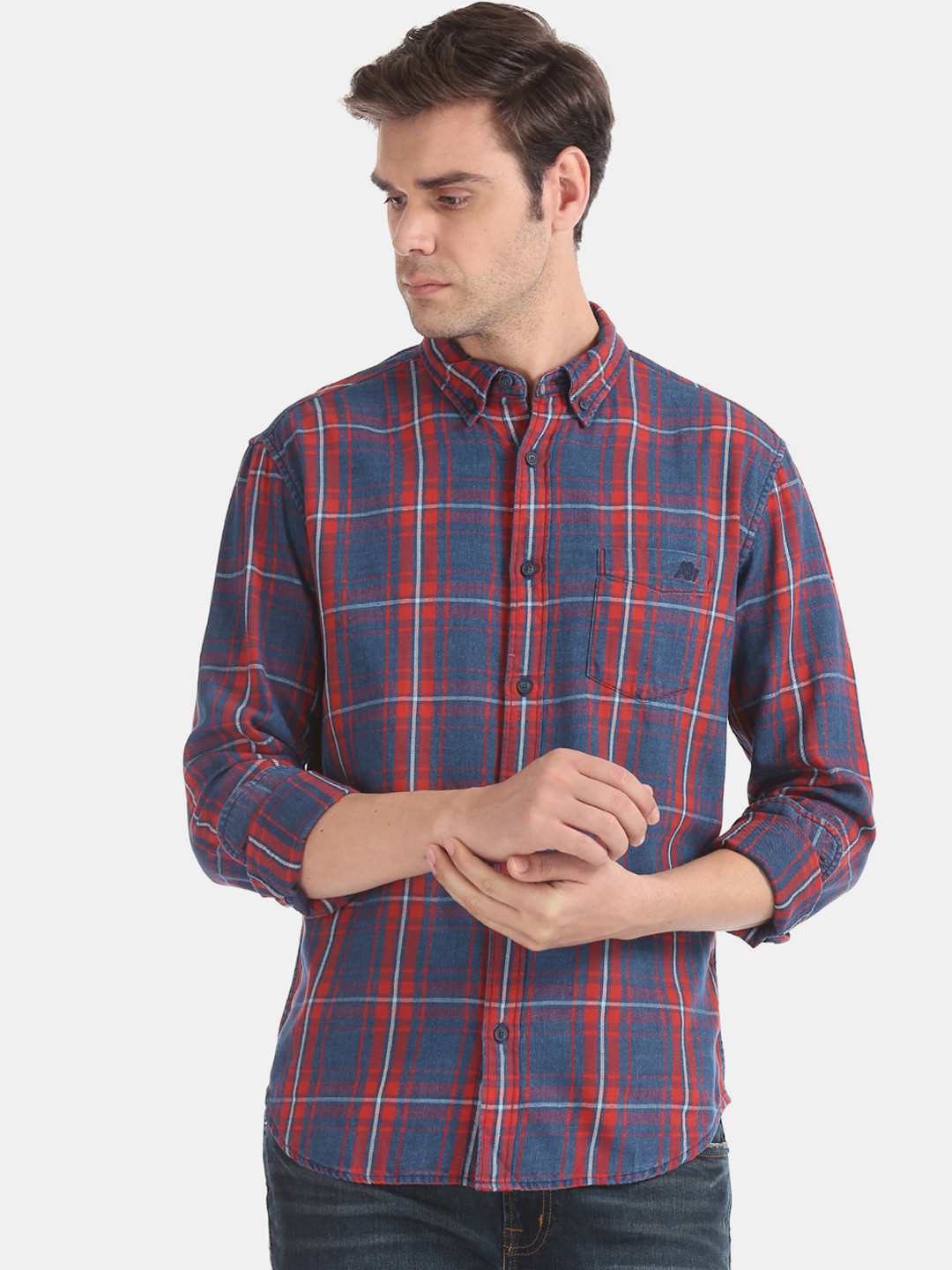 

Aeropostale Men Blue & Orange Regular Fit Checked Casual Shirt