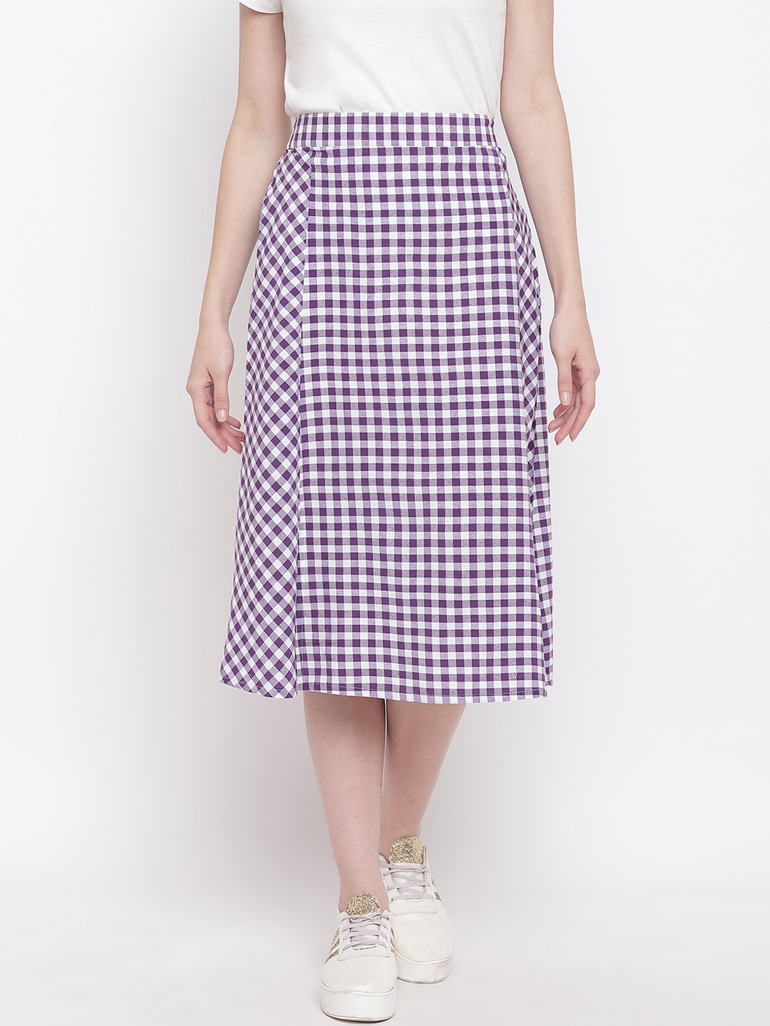 FABNEST Women Purple & White Checked A-Line Midi Skirt