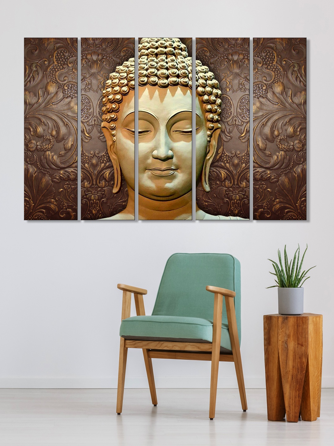 

999Store Set of 5 Yellow & Brown Printed Meditating Buddha Framed Wall Art