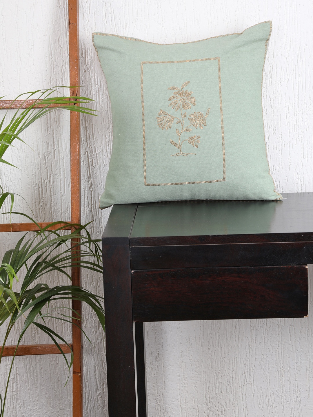 

My Gift Booth Sea Green Set of Single Embroidered Linen Square Cushion Covers