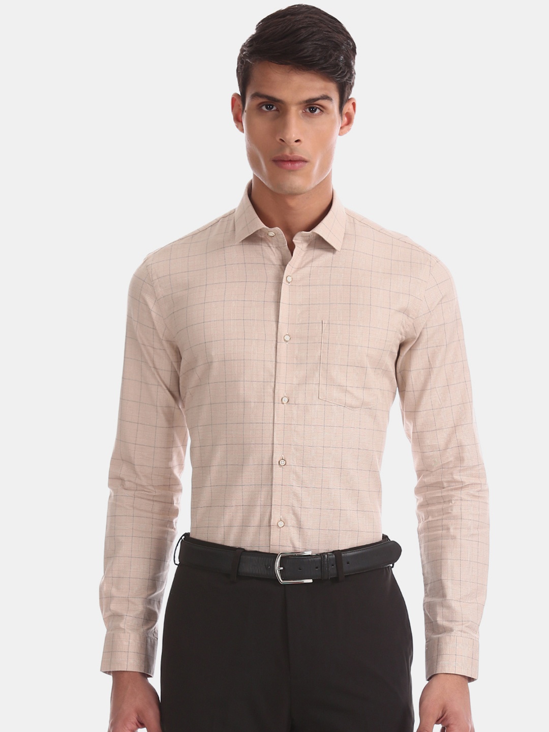 

Arrow Men Beige & Blue Slim Fit Checked Semiformal Shirt