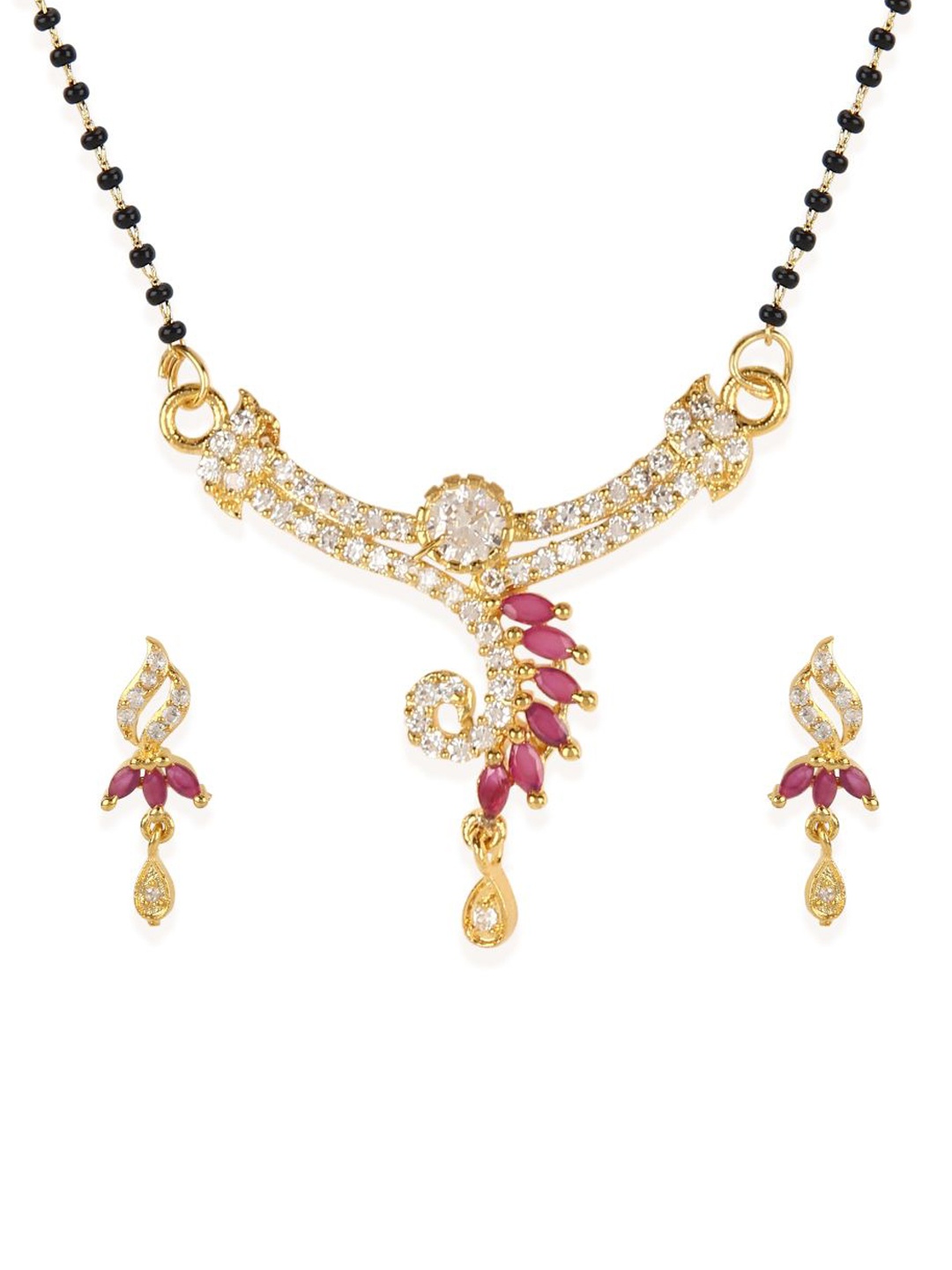 

Bhana Fashion Gold-Plated & Black Beaded AD-Studded Mangalsutra With Earrings