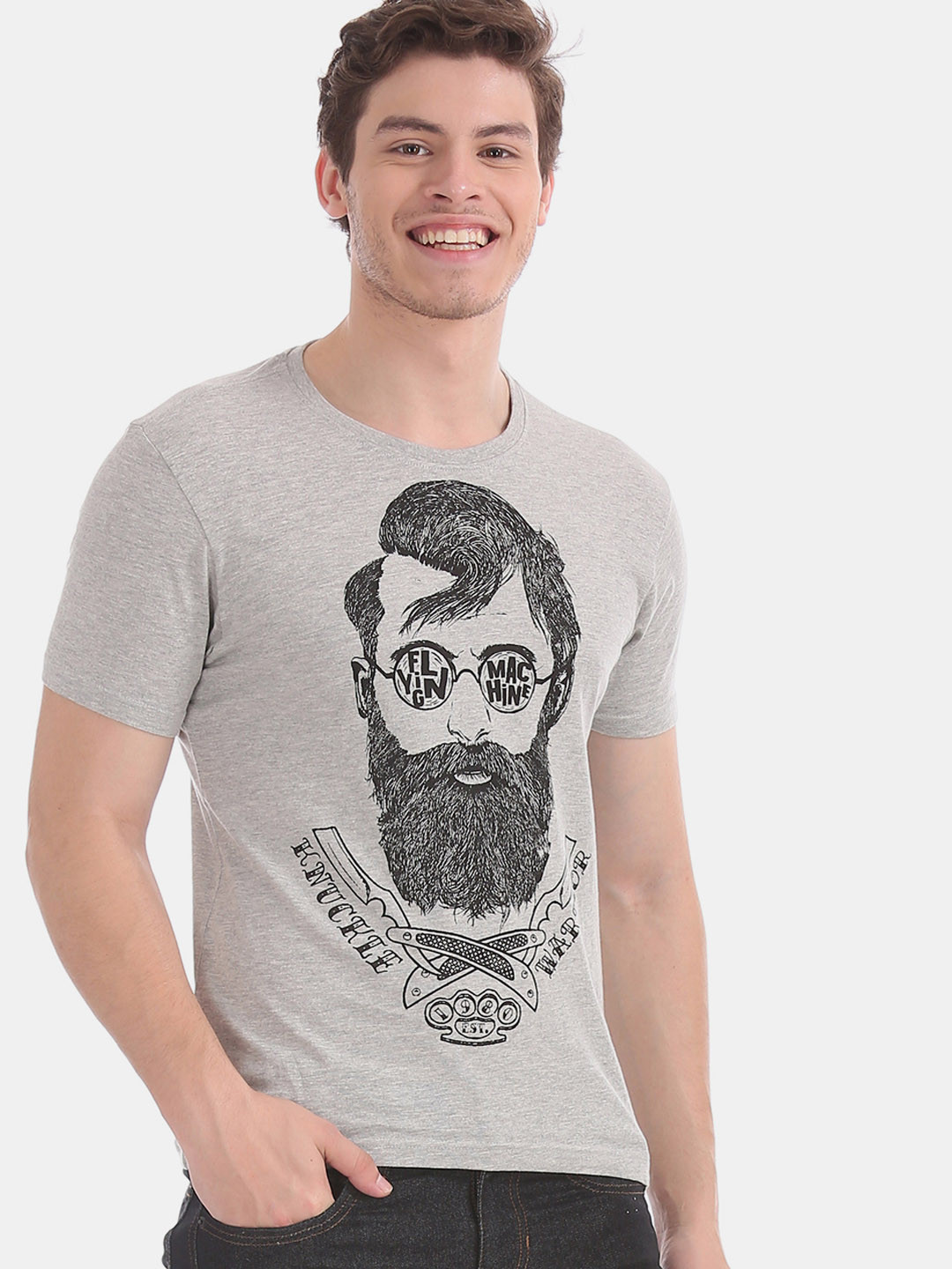

Flying Machine Men Grey & Black Printed Round Neck T-shirt