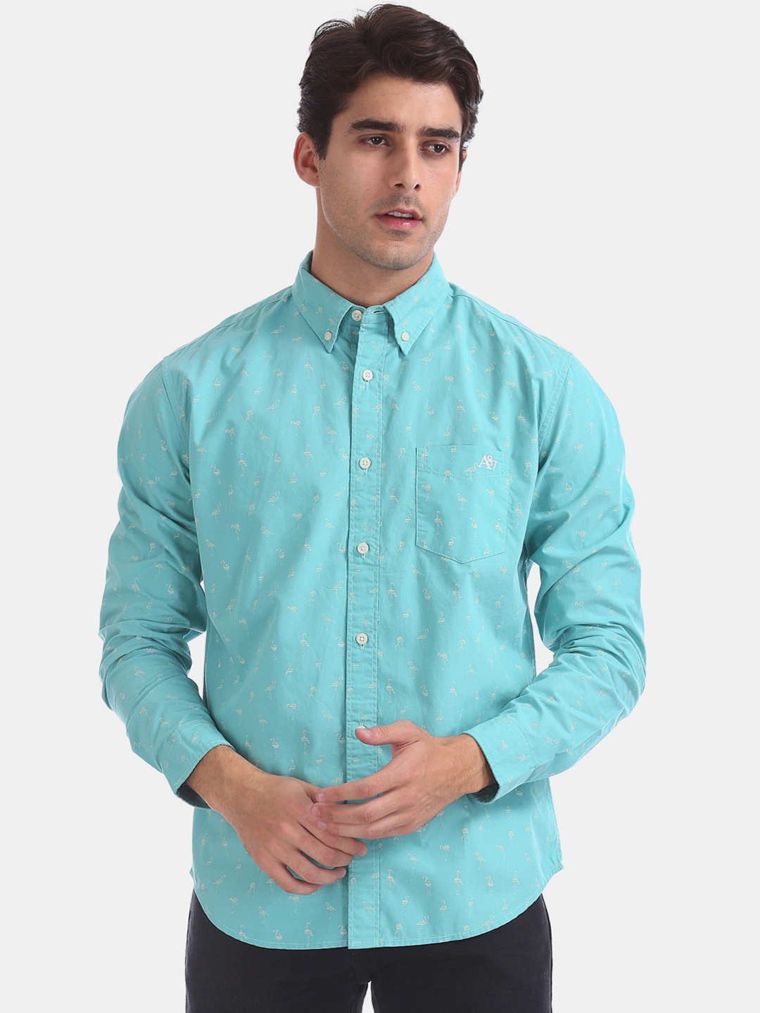 

Aeropostale Men Teal Regular Fit Printed Casual Shirt