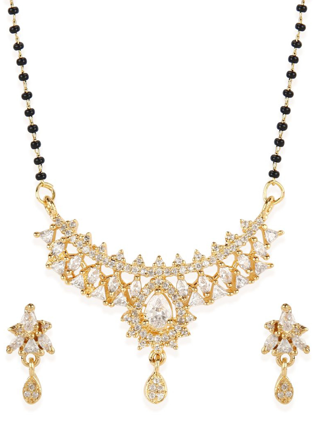 

Bhana Fashion Gold-Plated & Black Beaded AD-Studded Mangalsutra With Earrings