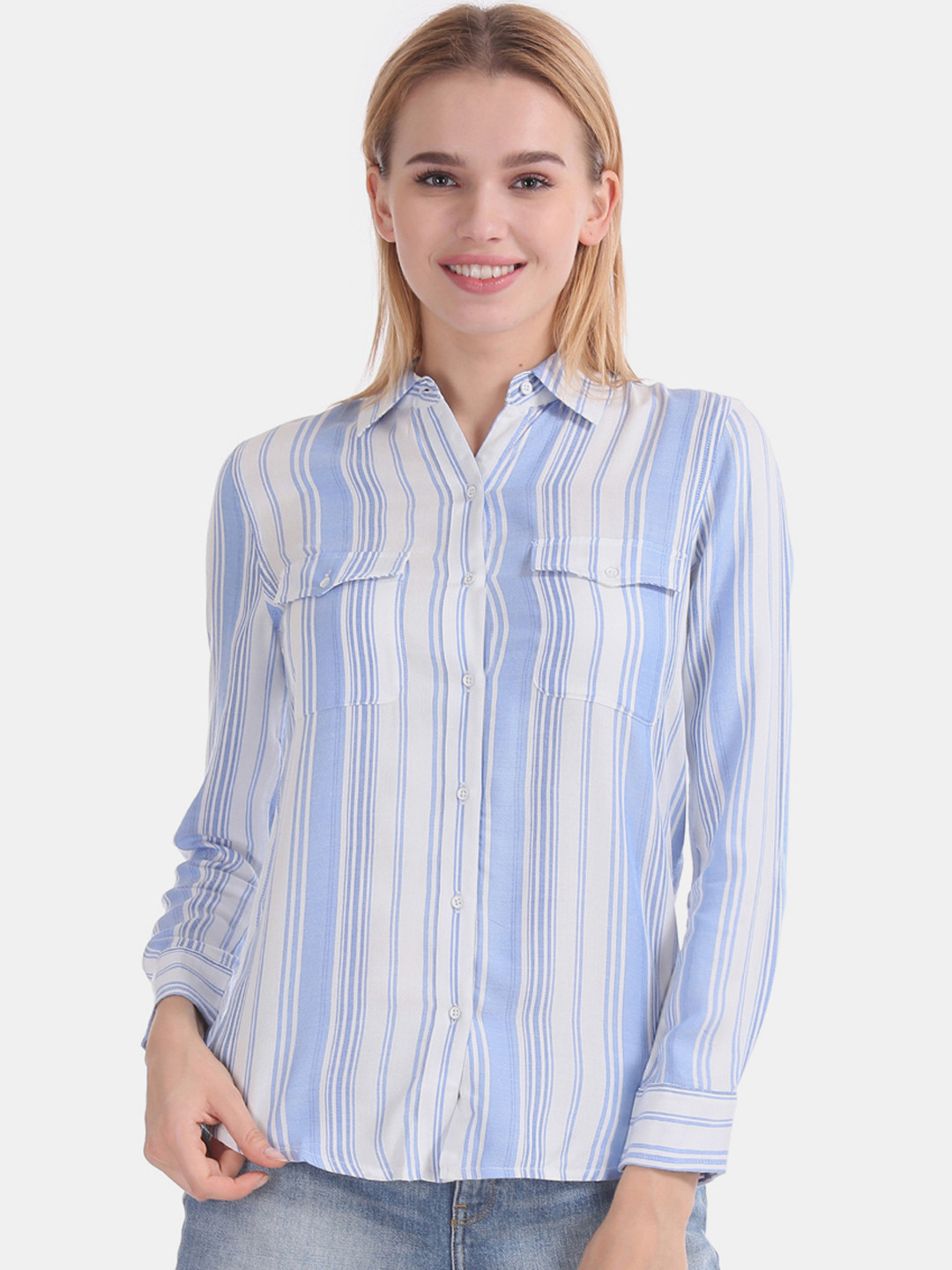 

Aeropostale Women White & Blue Regular Fit Striped Casual Shirt