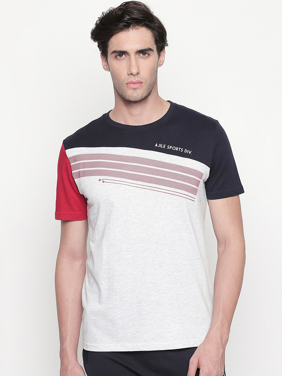 

Ajile by Pantaloons Men Grey Melange Colourblocked Round Neck T-shirt