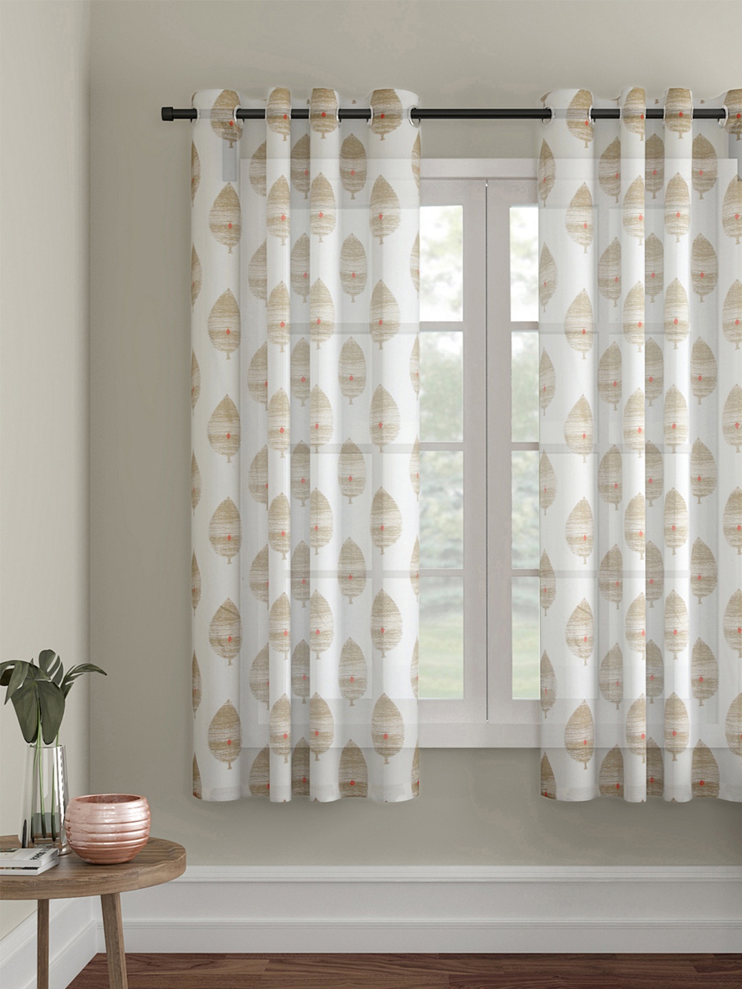 Soumya White & Beige Printed Lightweight Single Sheer Window Curtain