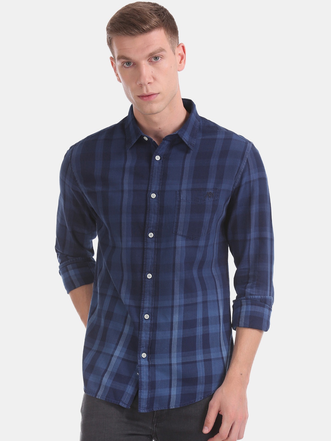 

Aeropostale Men Navy Blue Regular Fit Checked Casual Shirt