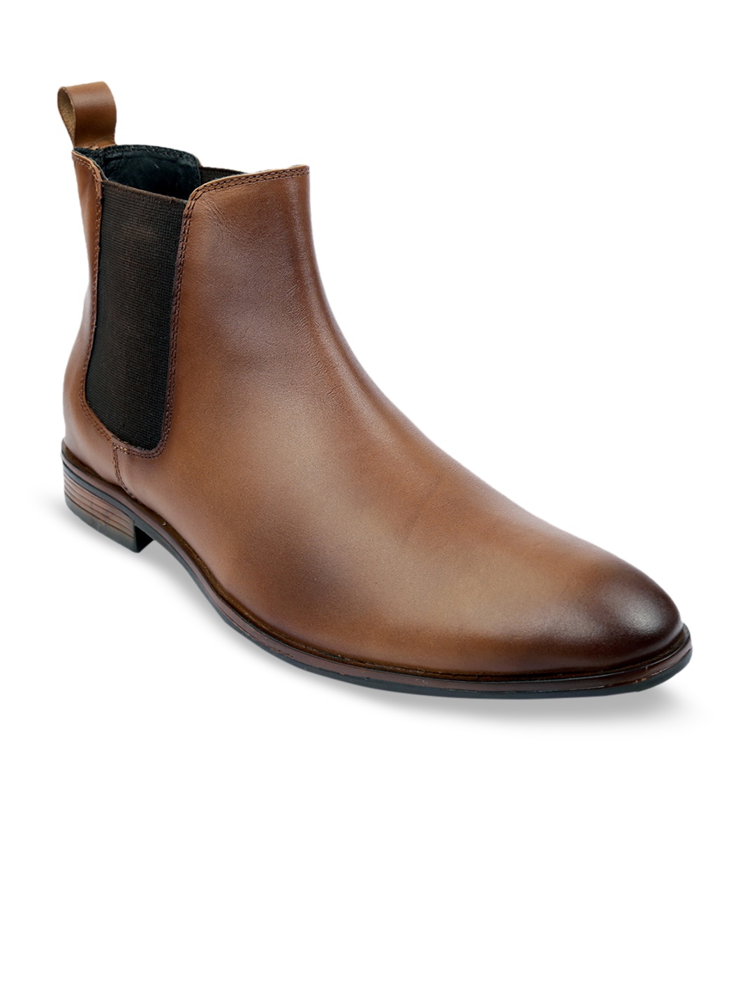 SHENCES Men Brown Solid Genuine Leather Mid-Top Lightweight Chelsea Boots