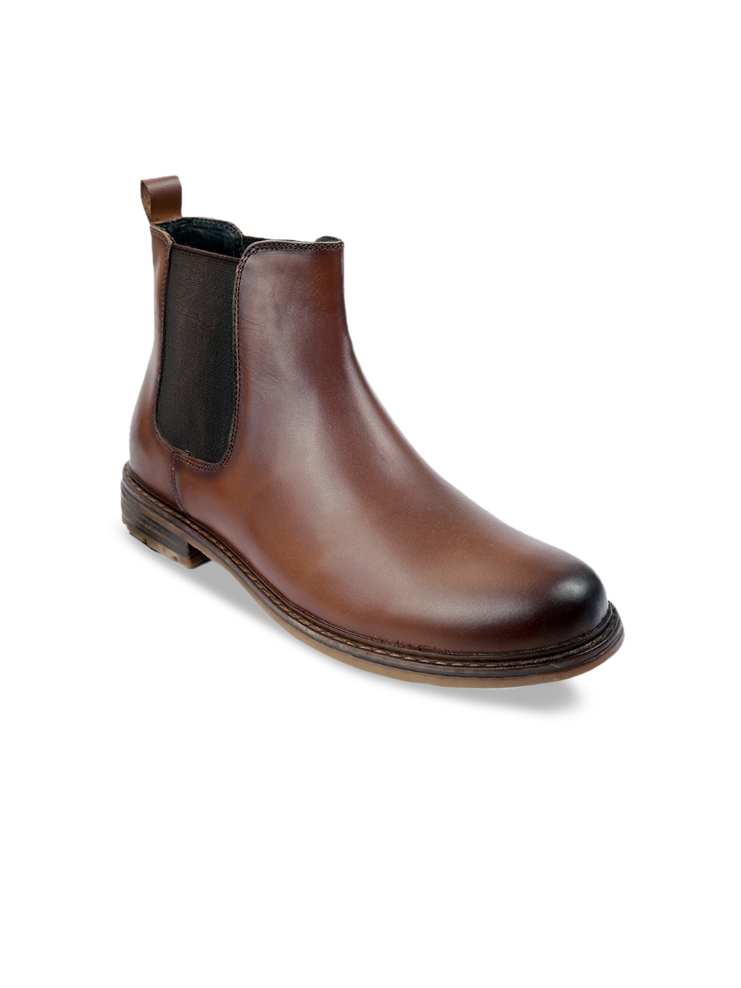 SHENCES Men Brown Solid Genuine Leather Mid-Top Lightweight Chelsea Boots