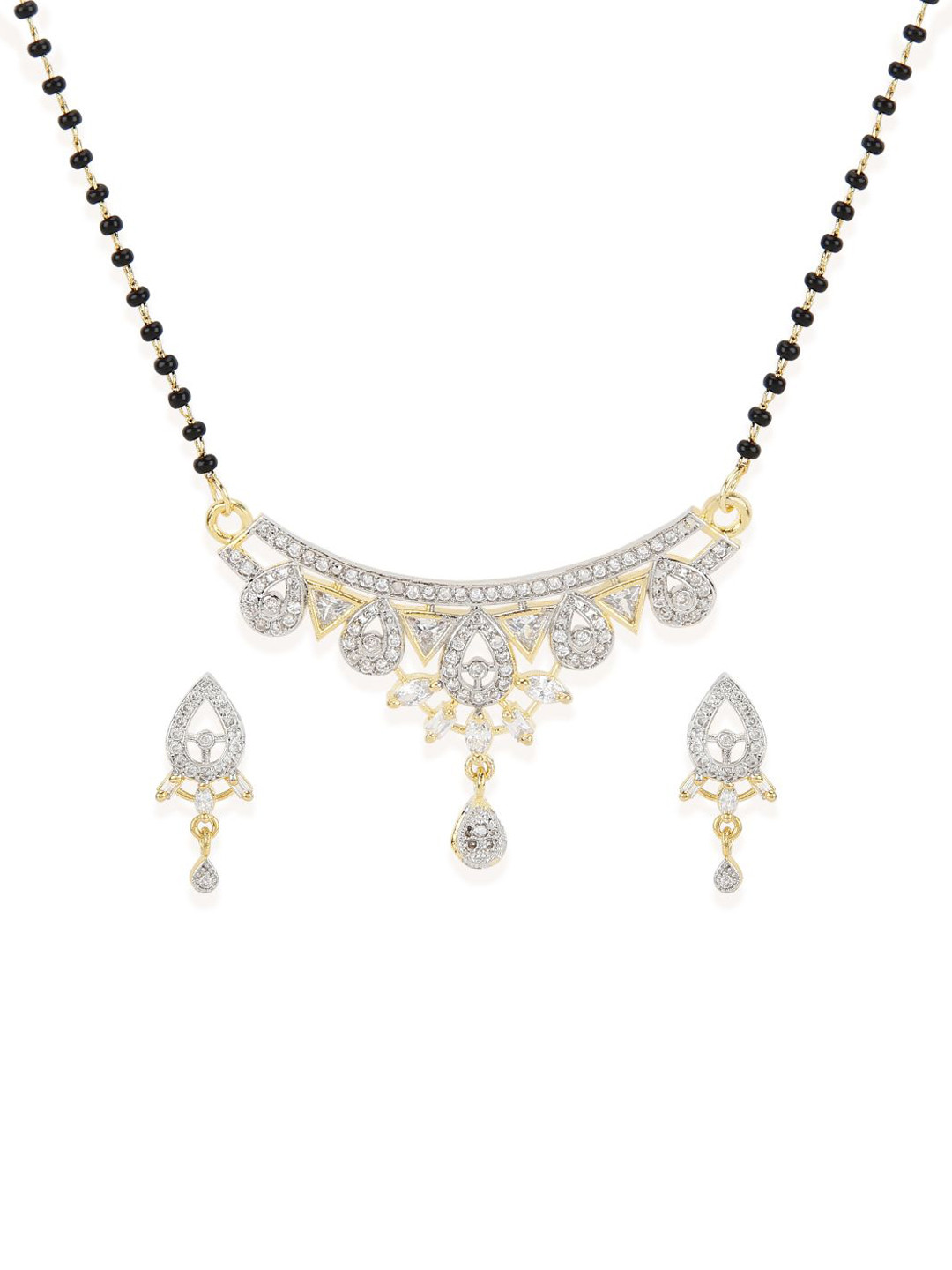 

Bhana Fashion Gold-Plated & Black Beaded AD-Studded Mangalsutra With Earrings