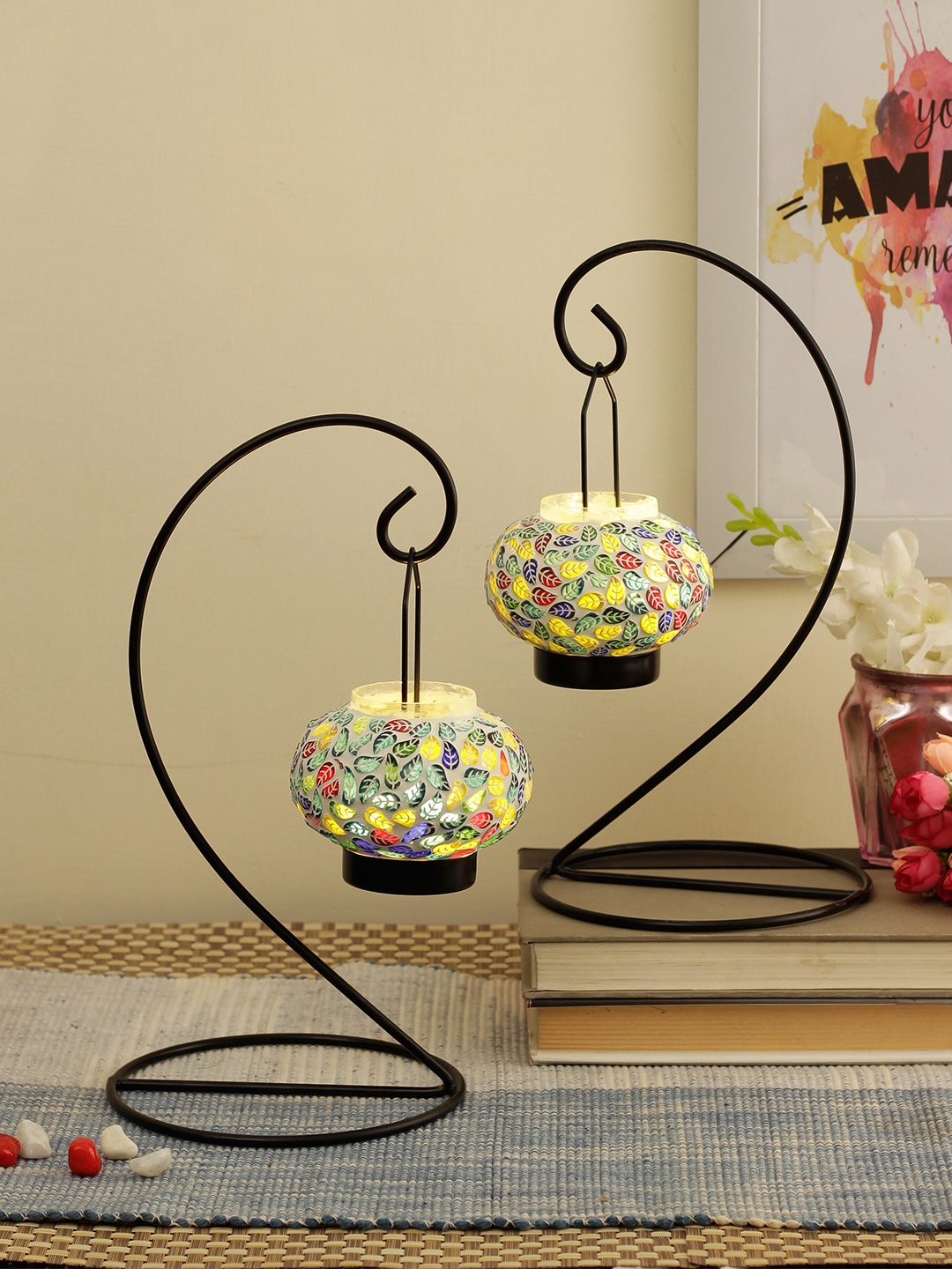 

TIED RIBBONS Set of 2 White & Black Tealight Candle Holder With Metal Frame