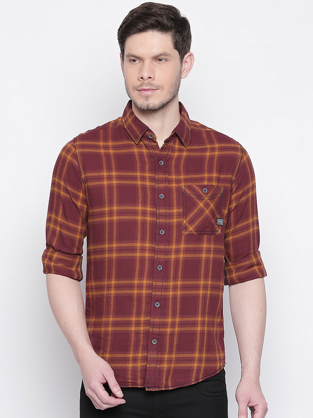 

Mufti Men Rust Brown And Yellow Slim Fit Checked Casual Shirt