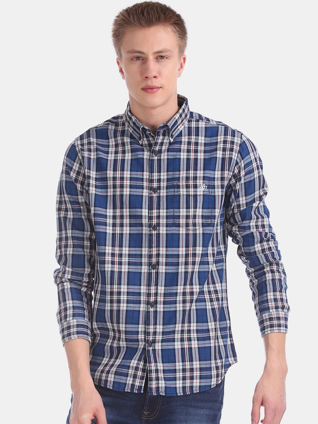 

Aeropostale Men Blue & White Regular Fit Checked Casual Shirt
