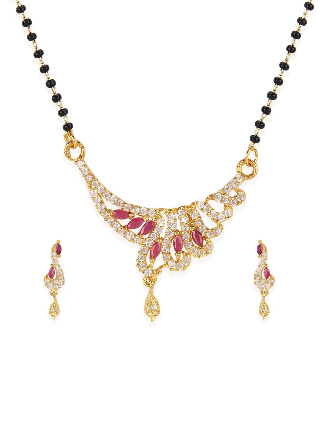

Bhana Fashion Gold-Plated & Magenta Beaded AD-Studded Mangalsutra With Earrings