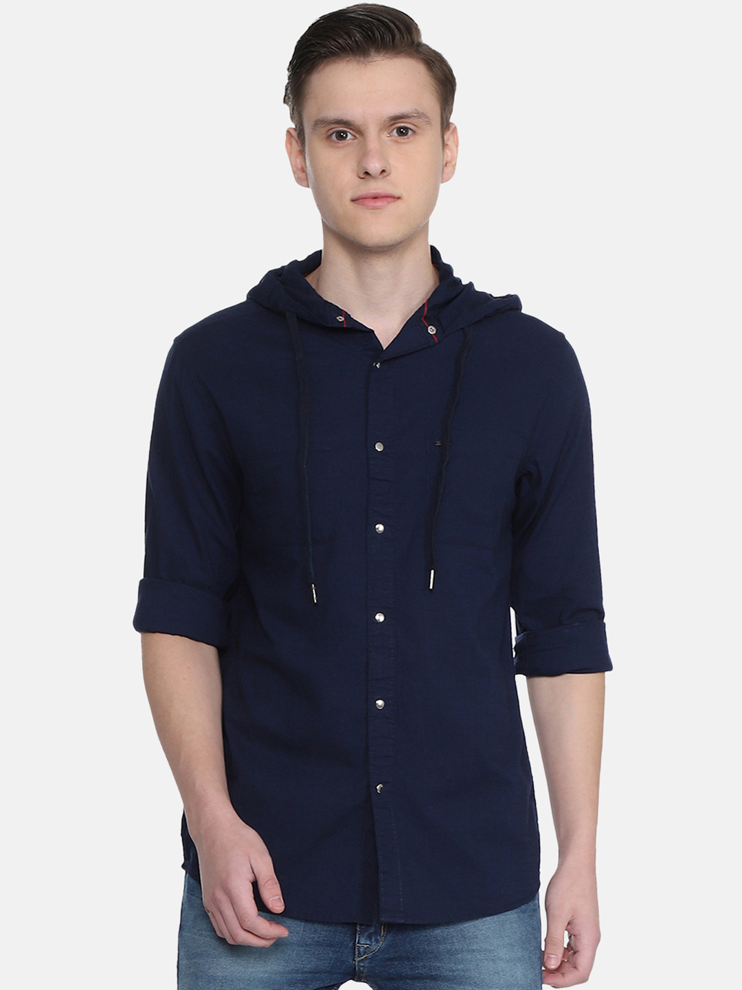 

People Men Navy Blue Slim Fit Solid Casual Hooded Shirt