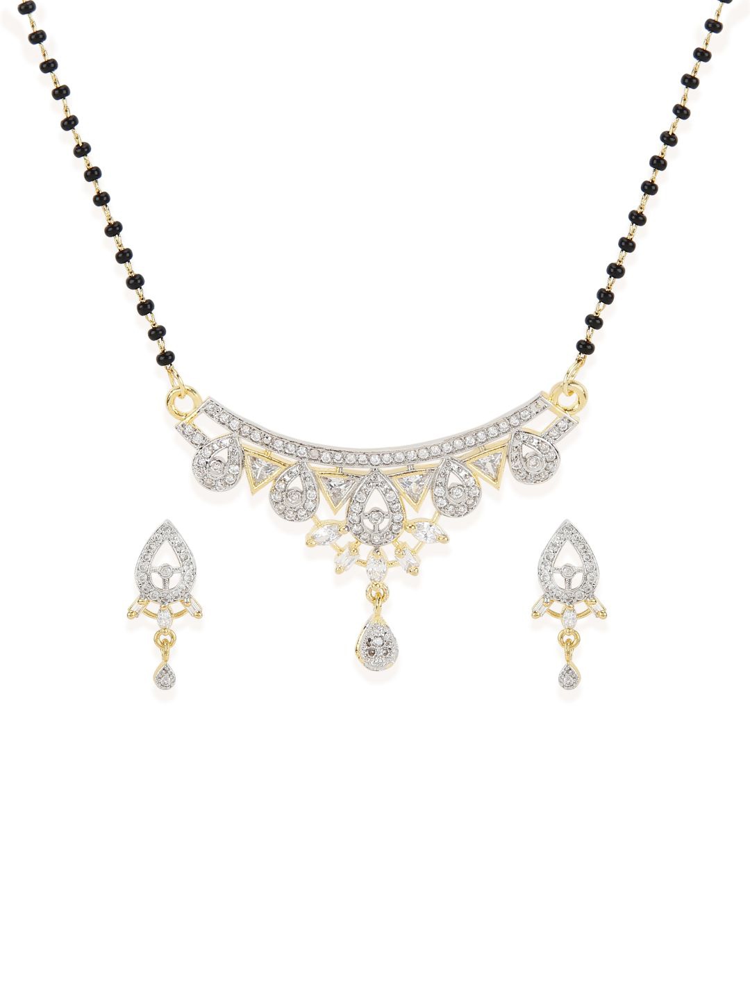 

Bhana Fashion Gold-Plated & Black Beaded AD-Studded Mangalsutra With Earrings