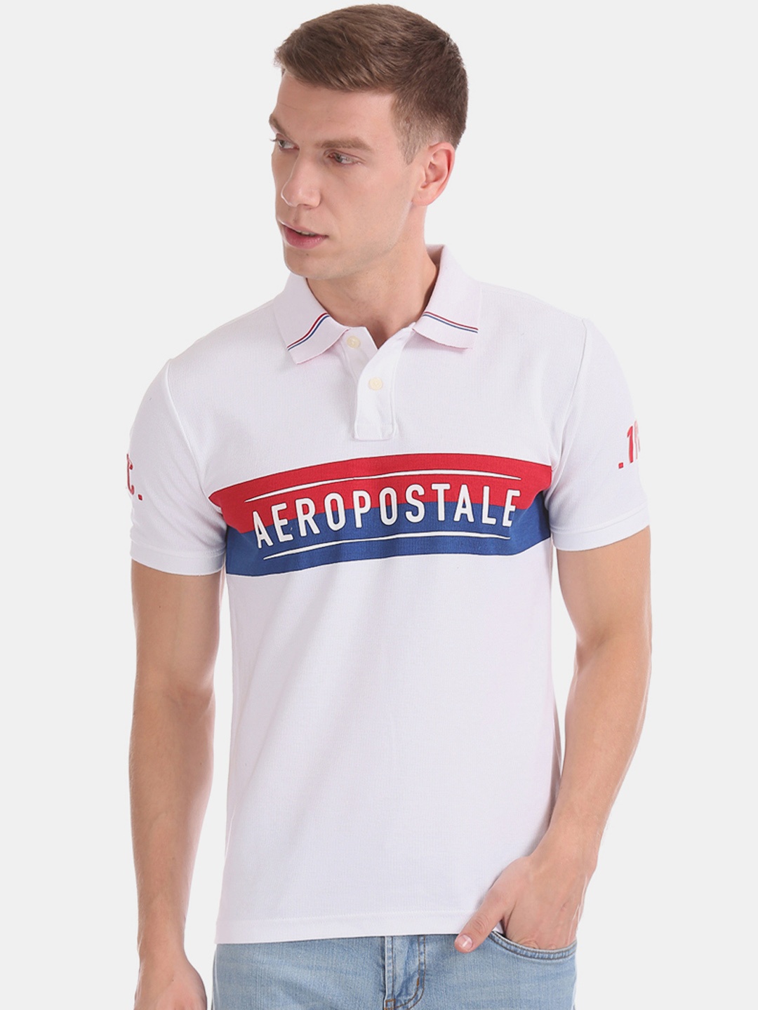 

Aeropostale Men White Red Printed Polo Collar Pure Cotton T-shirt
