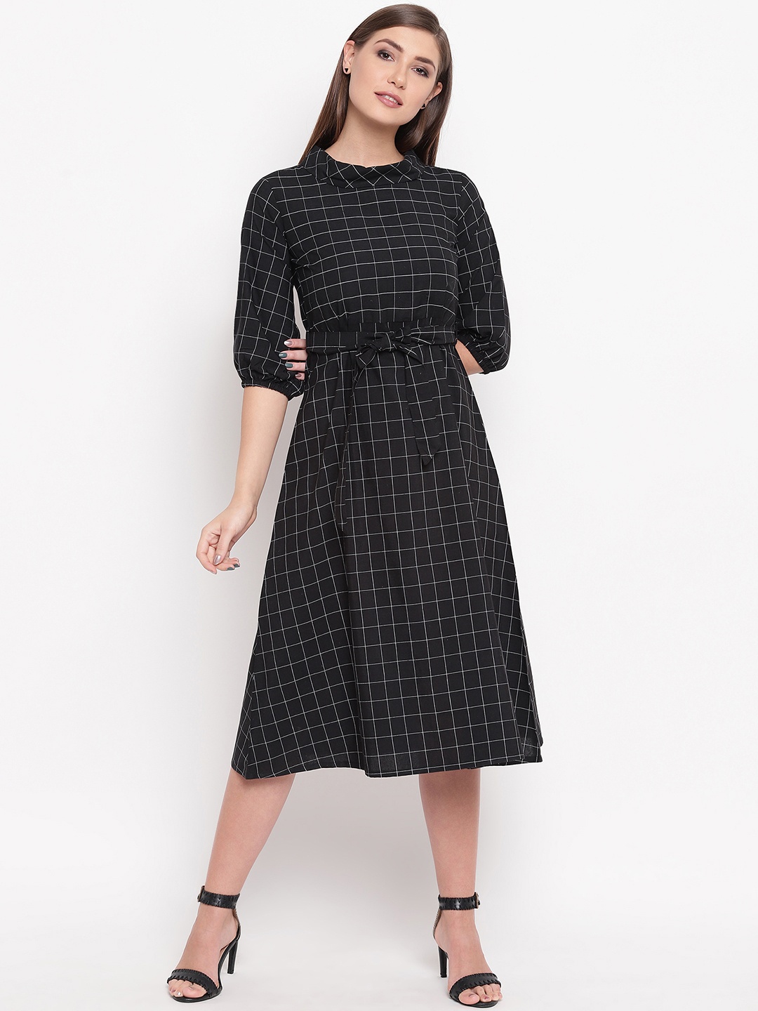 

FABNEST Women Black Checked Fit and Flare Dress