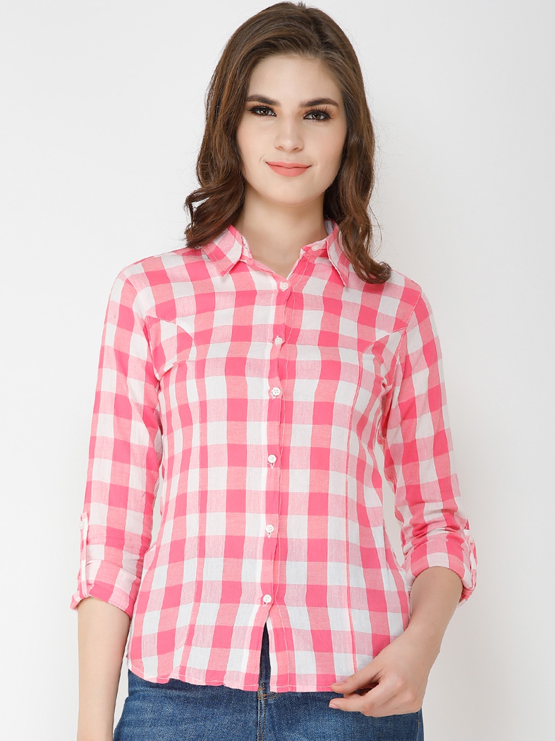 

Cation Women Pink & White Slim Fit Checked Casual Shirt