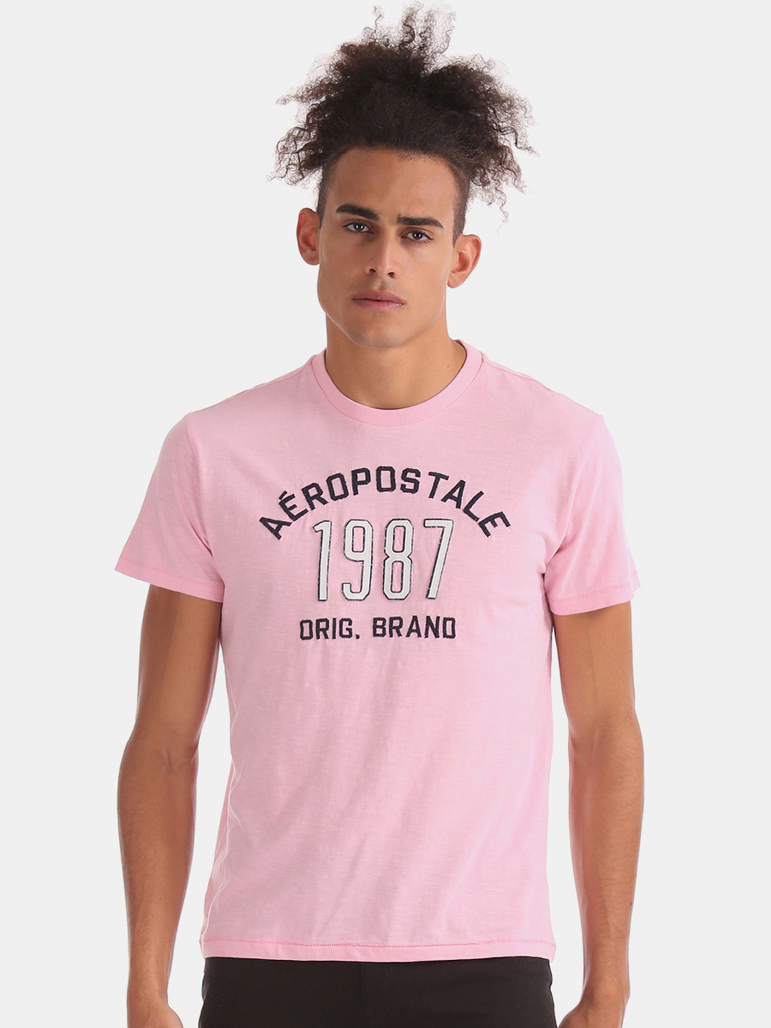

Aeropostale Men Pink Embroidered Round Neck Pure Cotton T-shirt