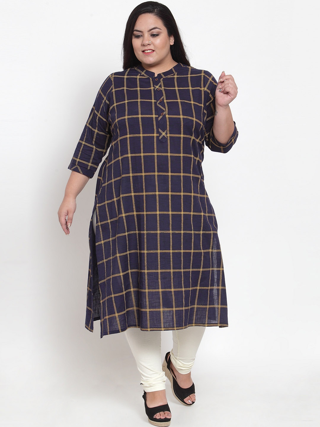 

plusS Women Navy Blue & Yellow Checked Straight Kurta