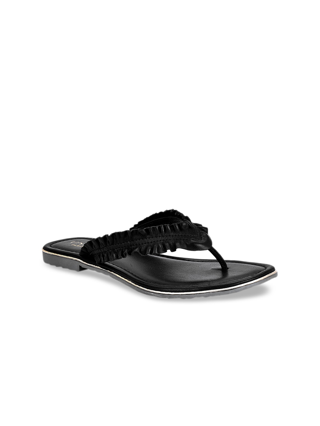 Eske Women Black Solid Leather Open Toe Flats