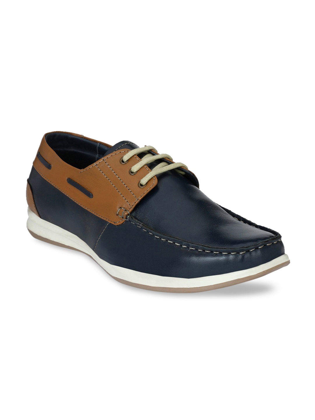 

John Karsun Men Navy Blue & Tan Brown Leather Boat Shoes