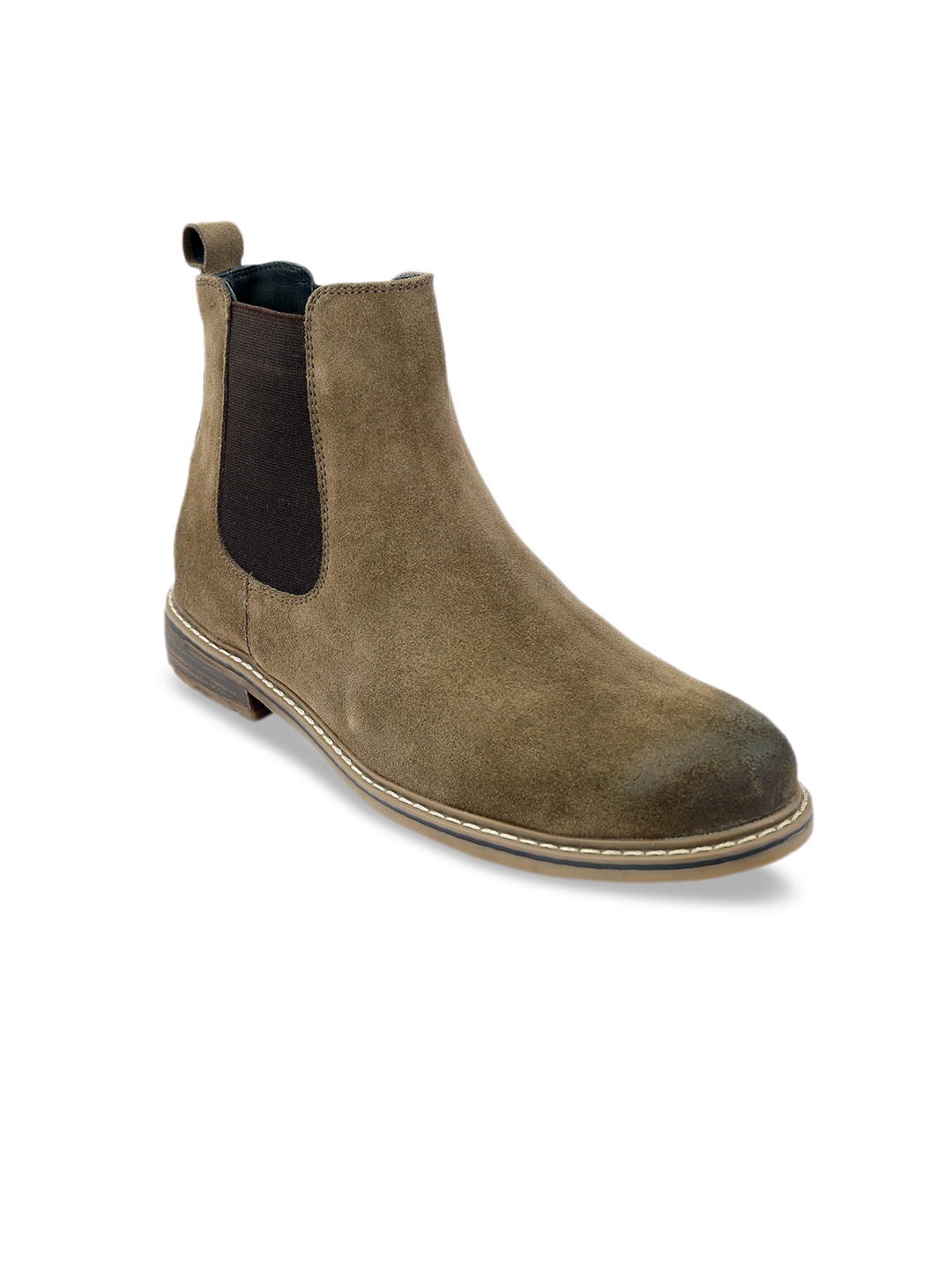 

SHENCES Men Olive Green Solid Genuine Leather Mid-Top Lightweight Chelsea Boots