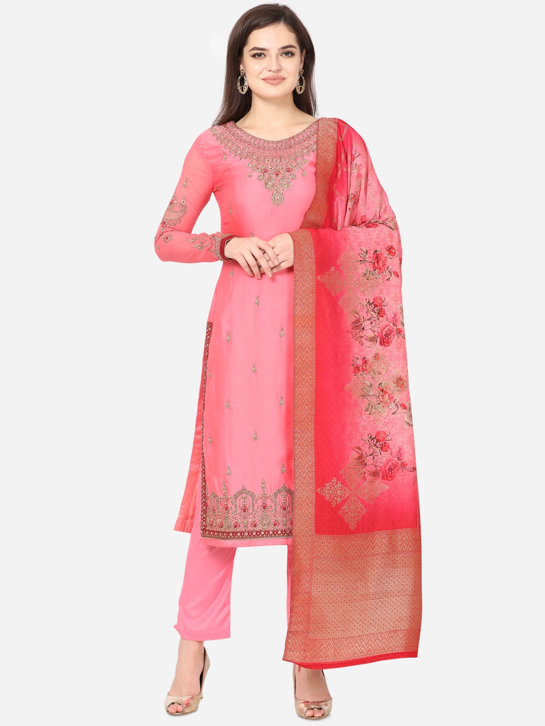 

Stylee LIFESTYLE Pink & Gold-Coloured Satin Semi-Stitched Dress Material