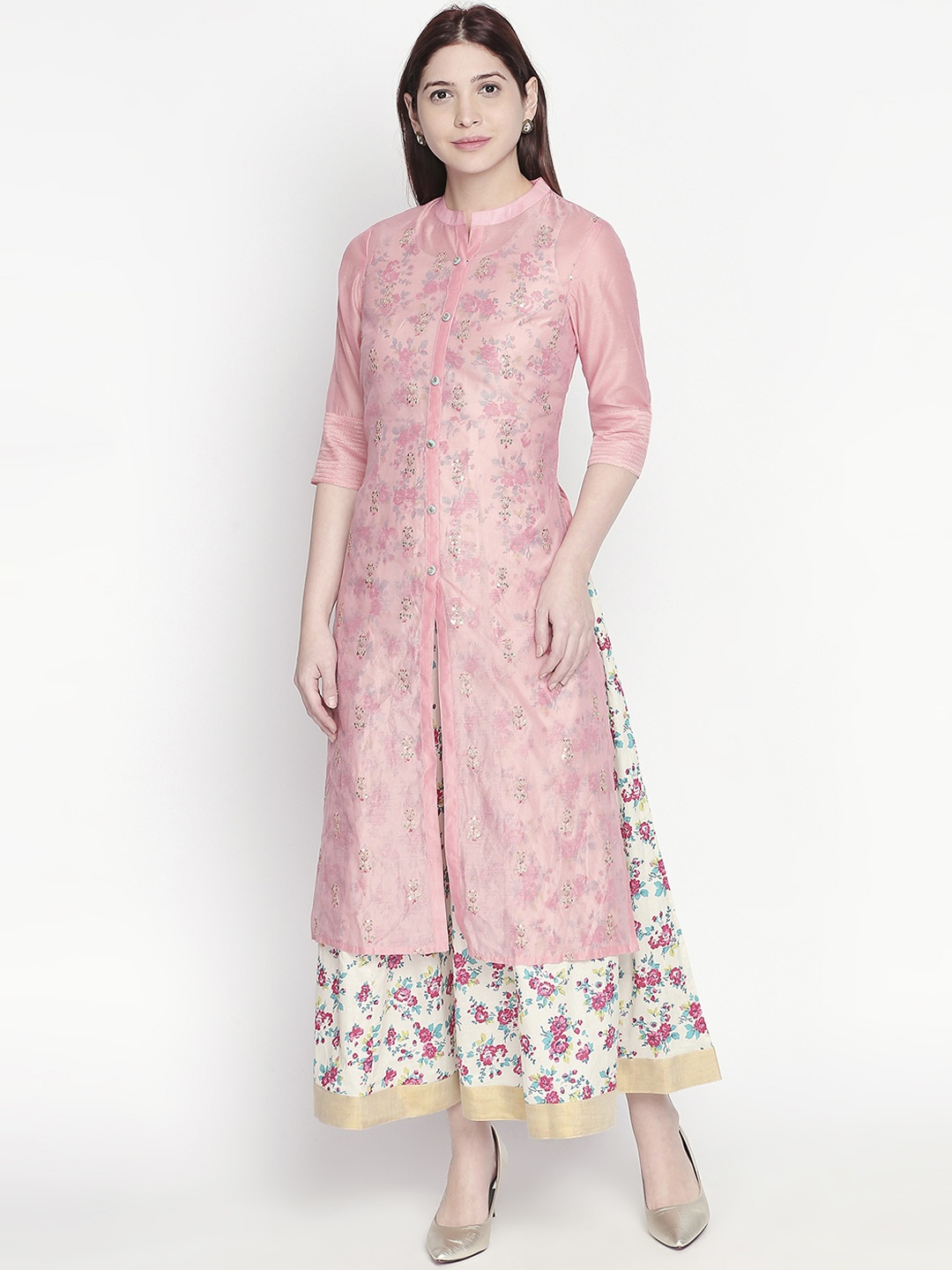 

RANGMANCH BY PANTALOONS Women Pink & Off-White Embroidered Fit and Flare Ethnic Dress