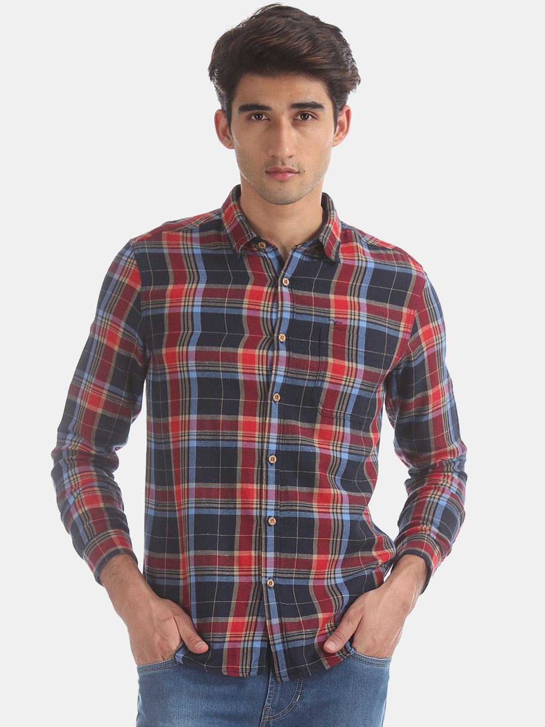 

Flying Machine Men Red & Navy Blue Regular Fit Checked Casual Shirt