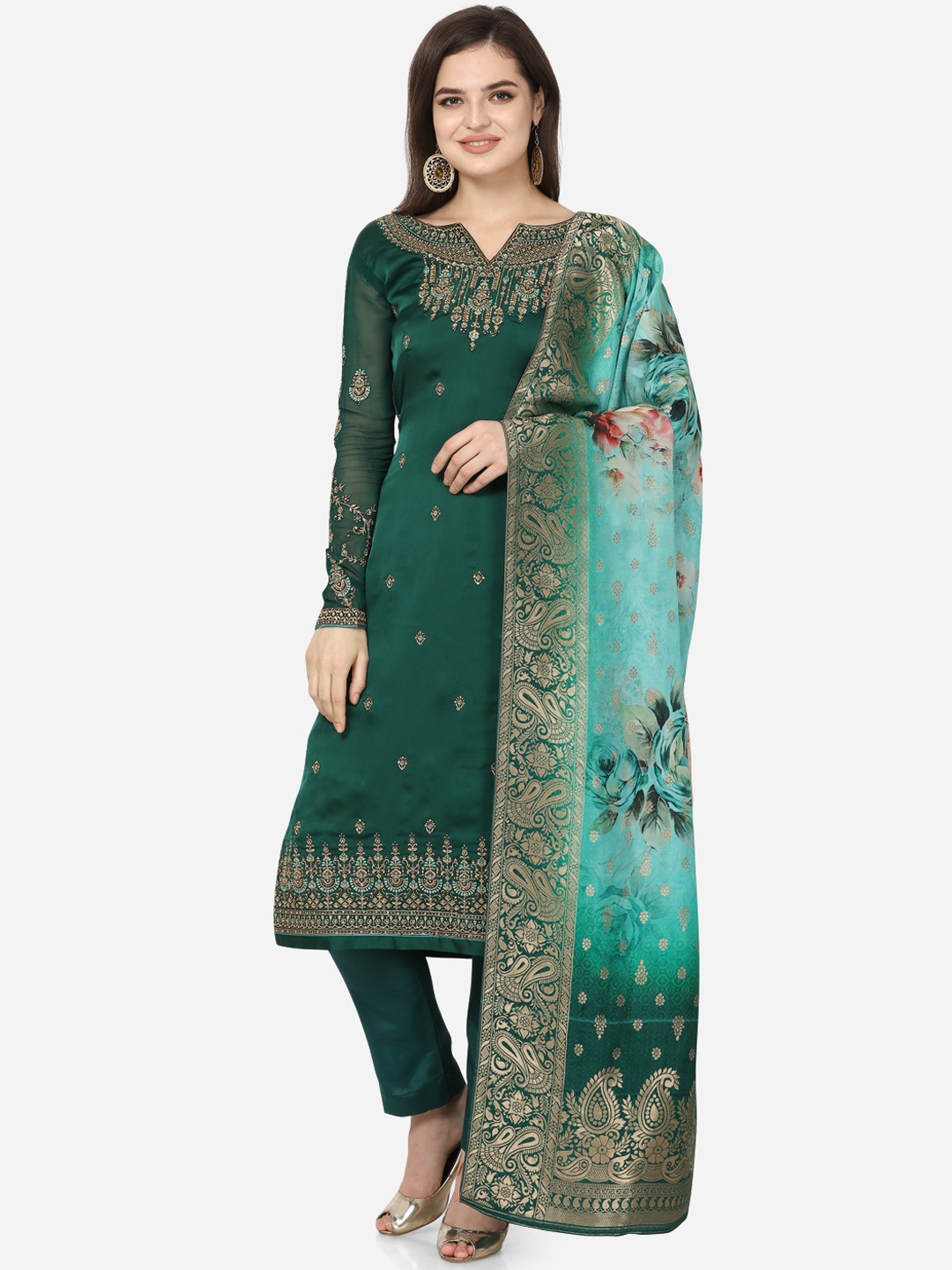 

Stylee LIFESTYLE Green Satin Semi-Stitched Dress Material