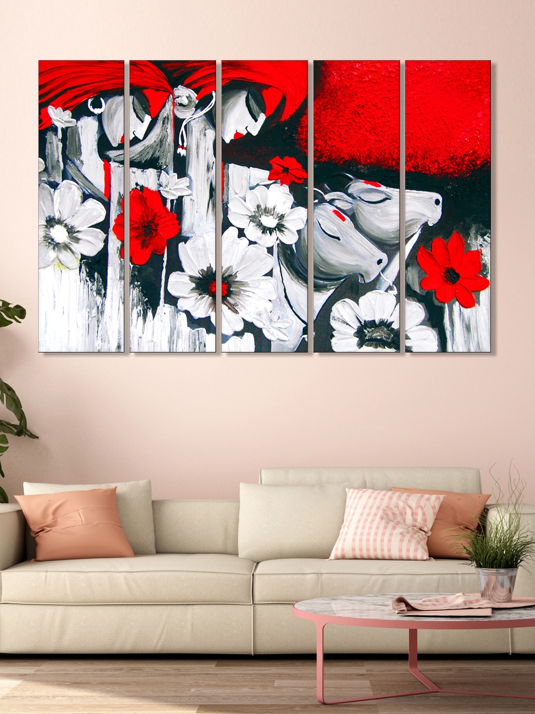 

999Store Set of 5 White & Red Printed Framed Wall Art