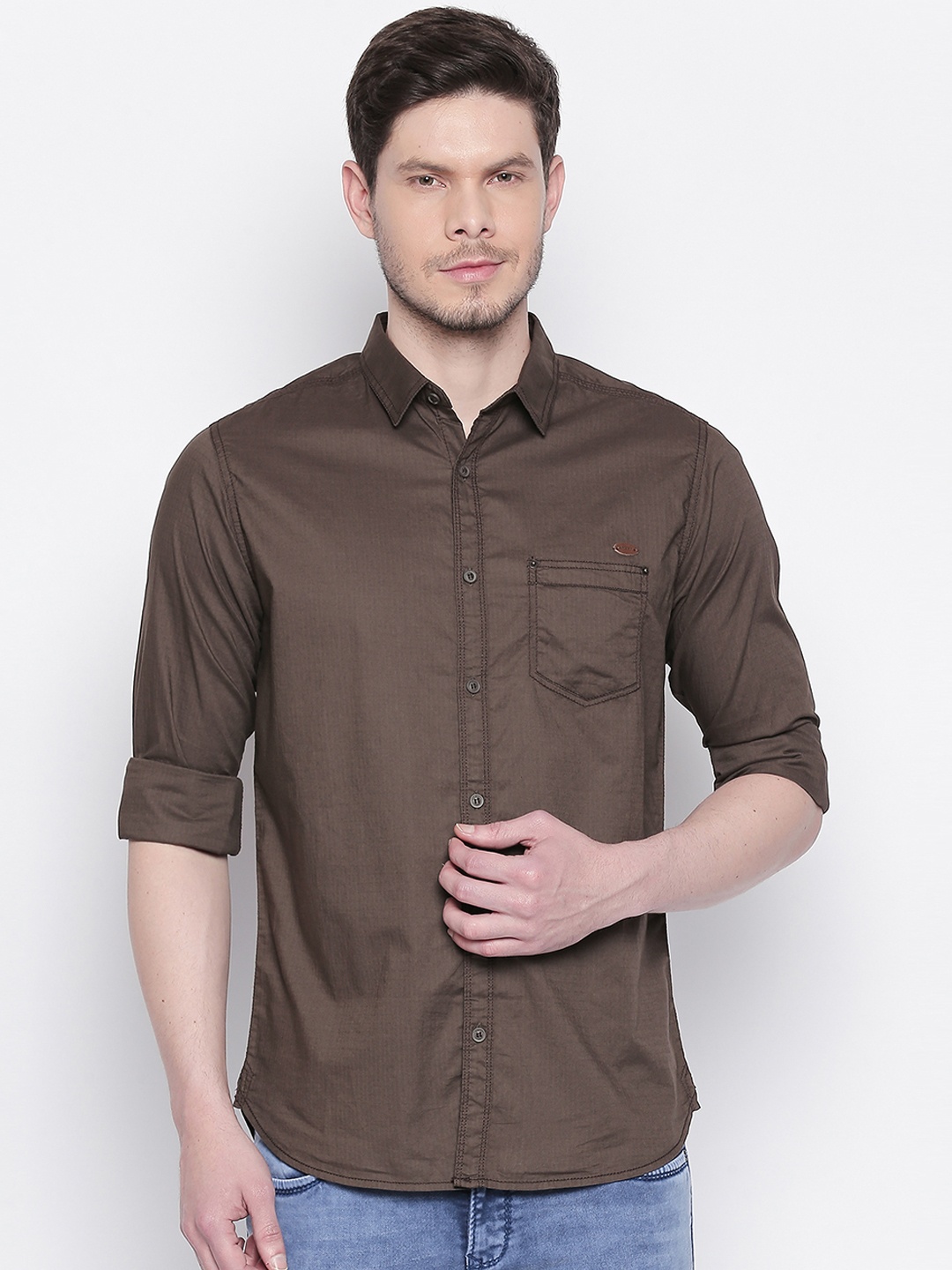 

Mufti Men Olive Brown Slim Fit Solid Casual Shirt