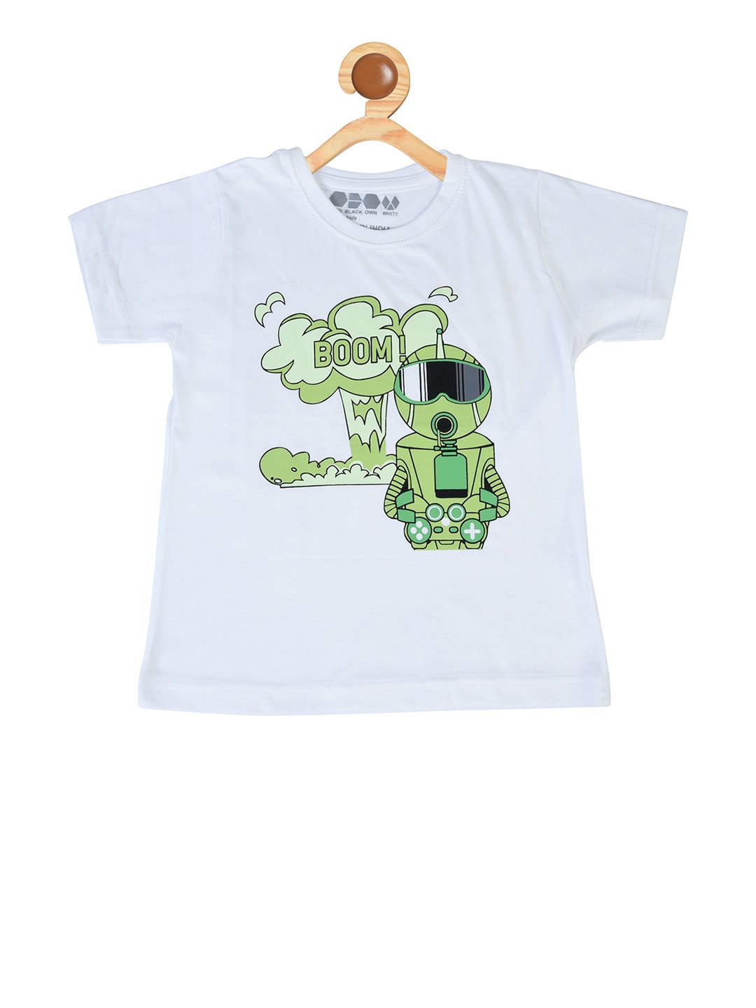 

OBOW Boys White Green Printed Round Neck Pure Cotton T-shirt