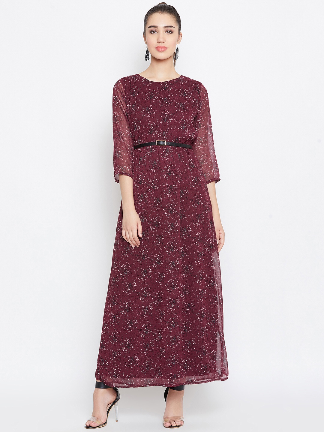 

PURYS Women Maroon Floral Print Maxi Dress