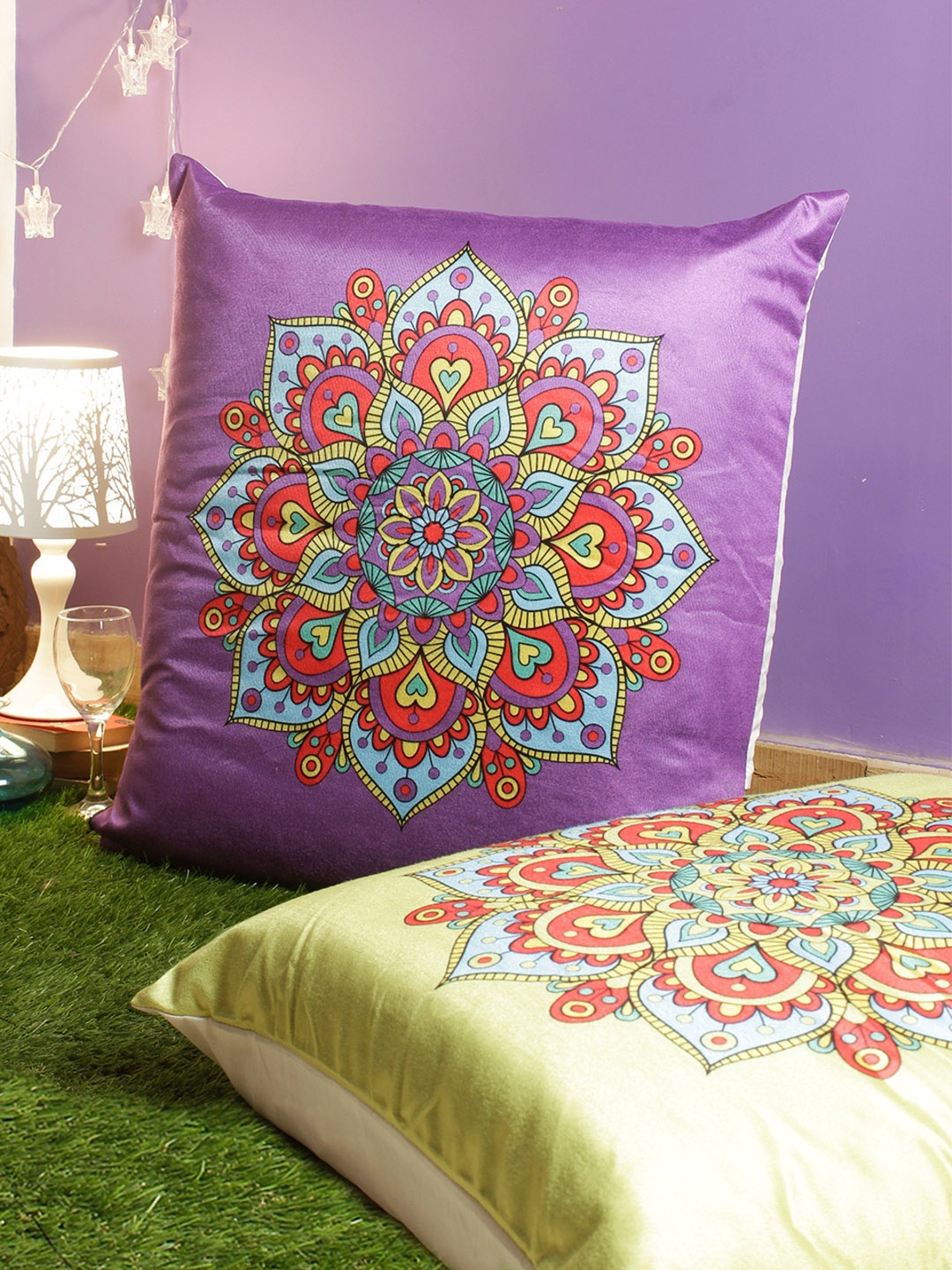 

ROMEE Purple & Green Set of 2 Ethnic Motifs Square Cushion Covers With Velvet Finish