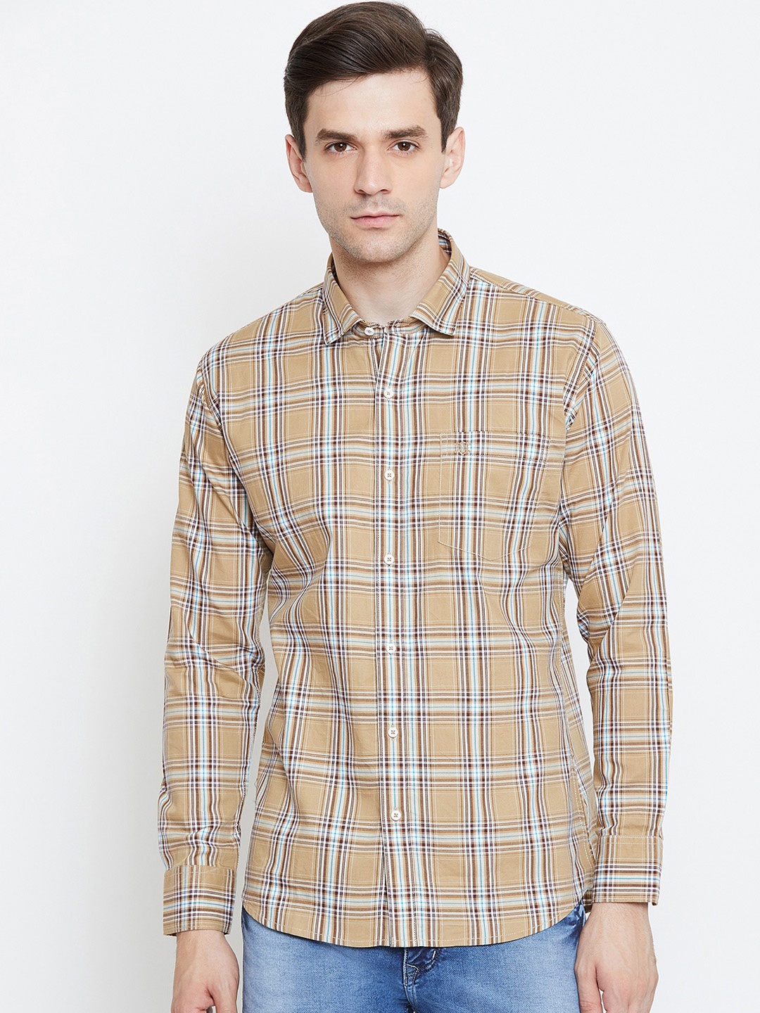 

Duke Men Brown & Blue Slim Fit Checked Casual Shirt