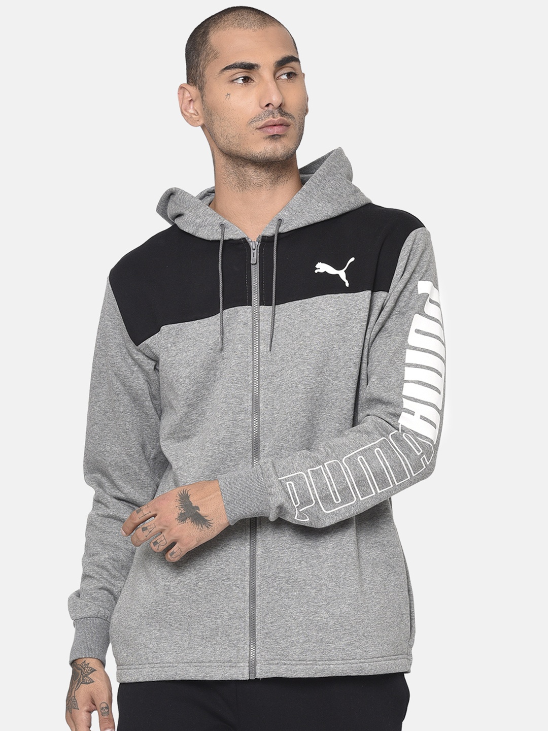 

Puma Men Grey Solid Hooded Up N Down FZ Hoodie Medium Gray Heather Track Sweatshirt