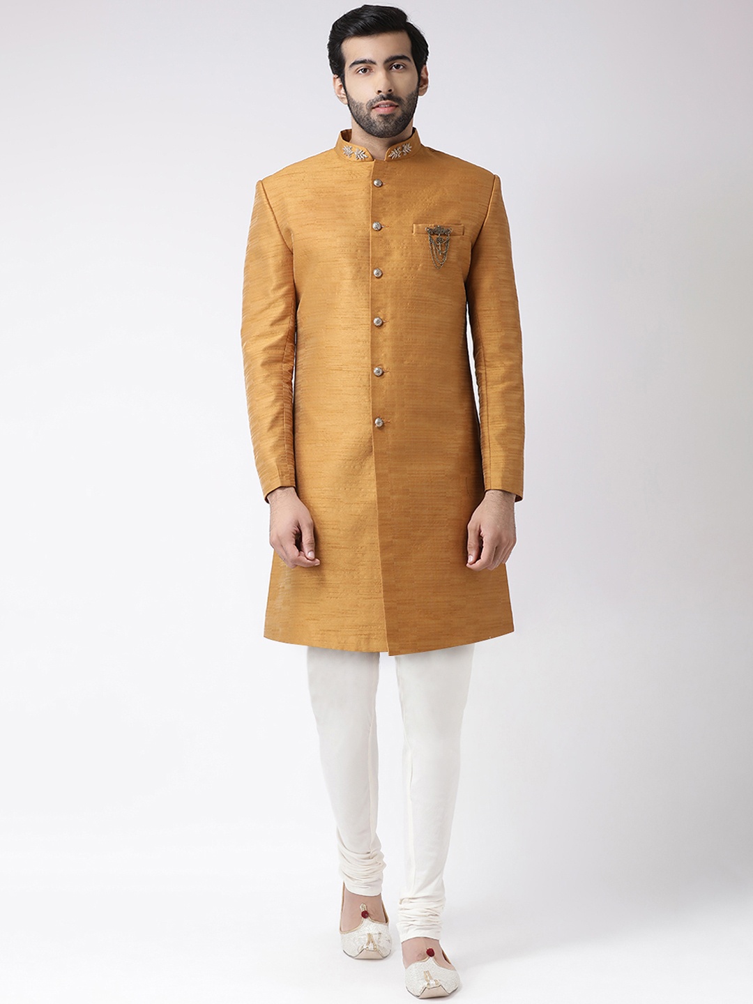 

KISAH Men Mustard Yellow & Off-White Solid Sherwani