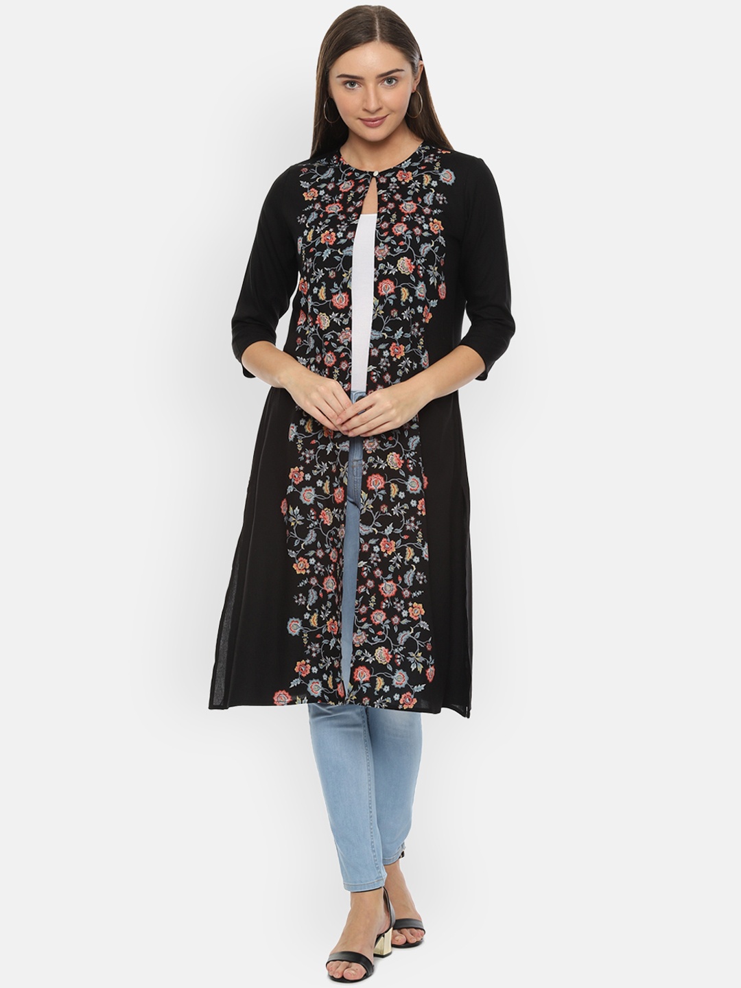 

People Women Black Printed Open Front Ethnic Jacket