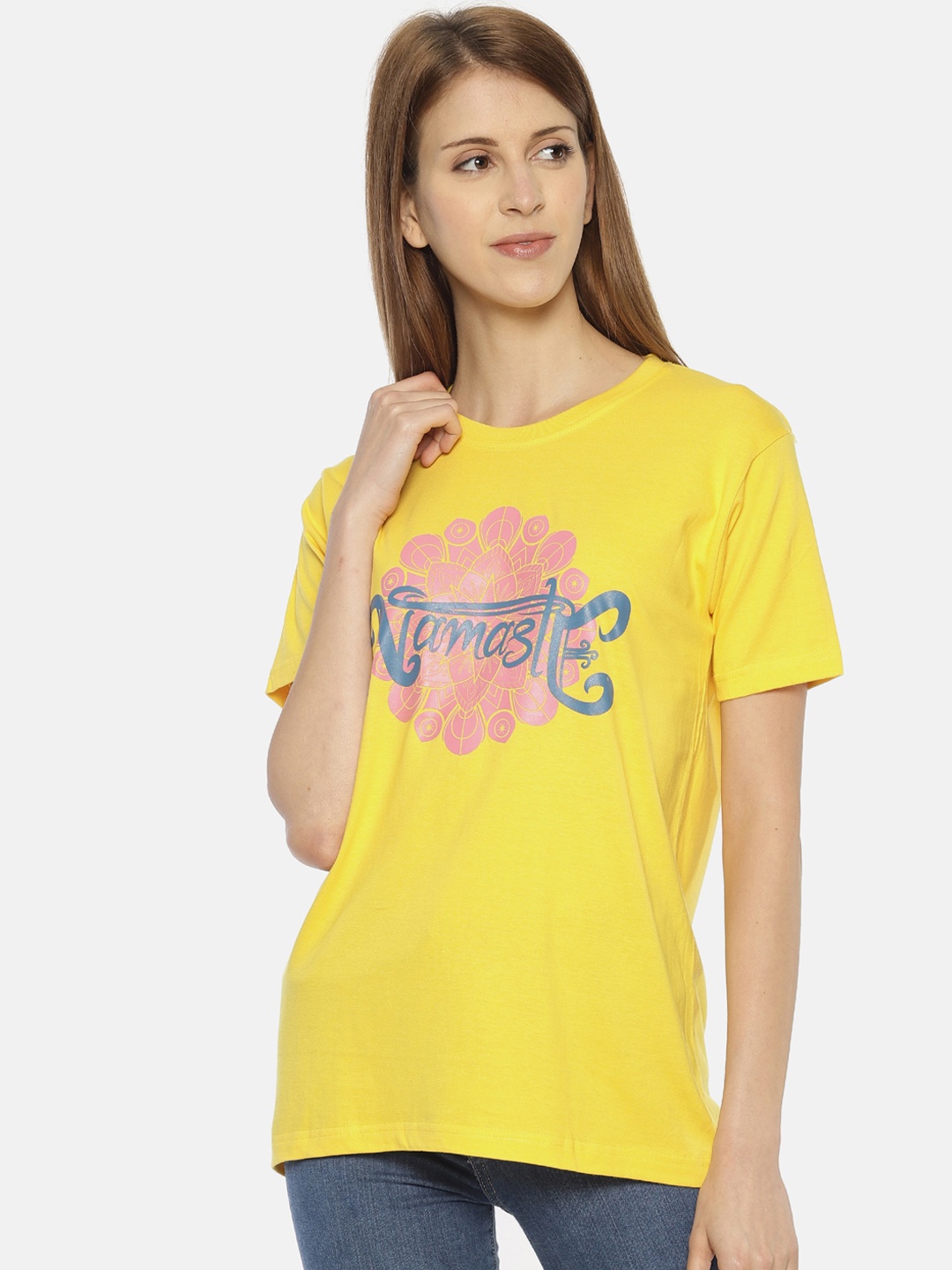 OBOW Women Yellow Printed Round Neck Pure Cotton T-shirt