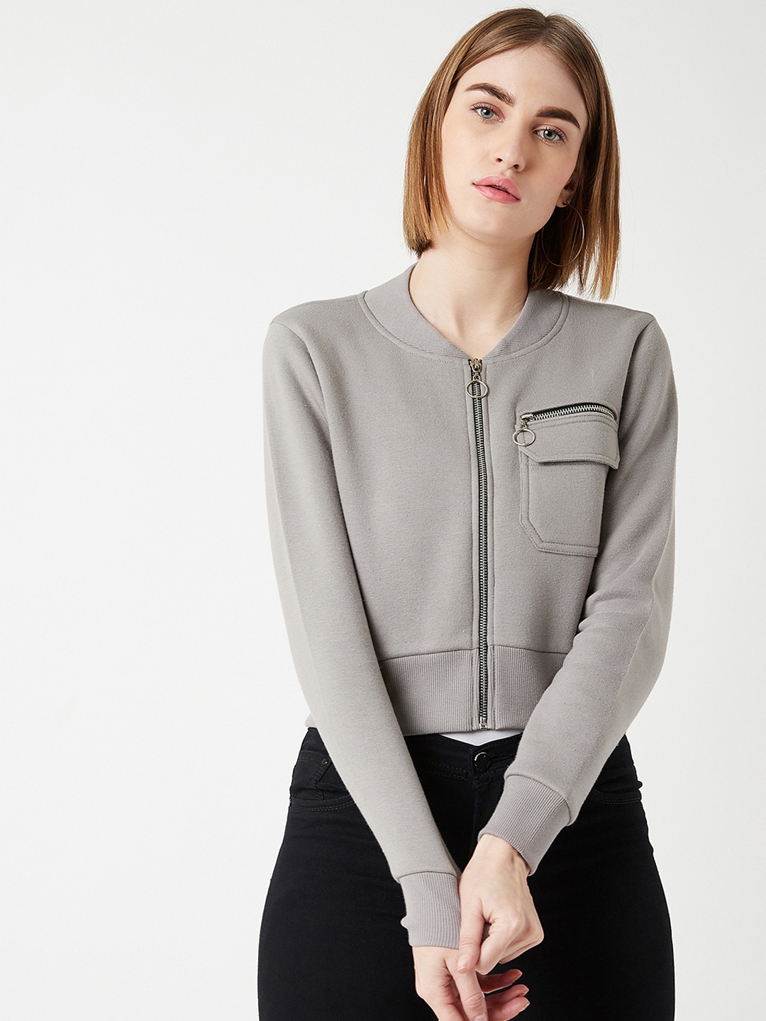 

Miss Chase Women Grey Solid Crop Tailored Jacket