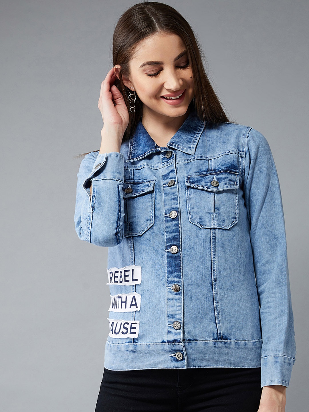 

DOLCE CRUDO Women Blue Printed Denim Jacket
