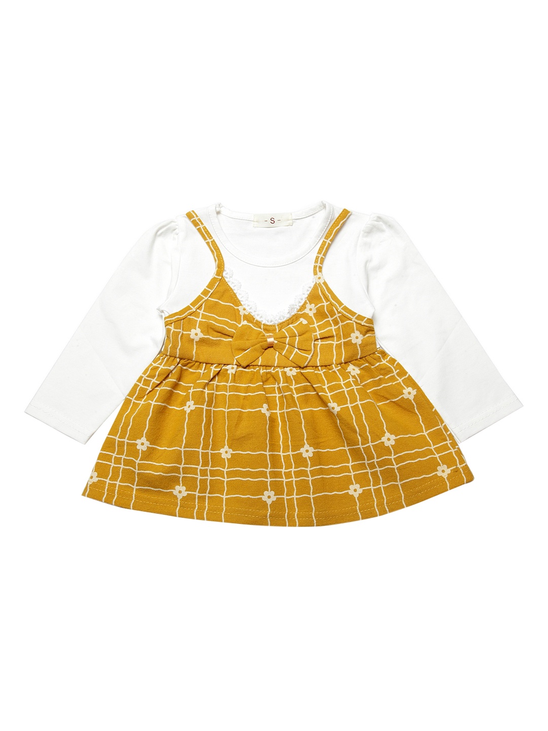 J Style Girls Yellow & White Checked Fit and Flare Dress
